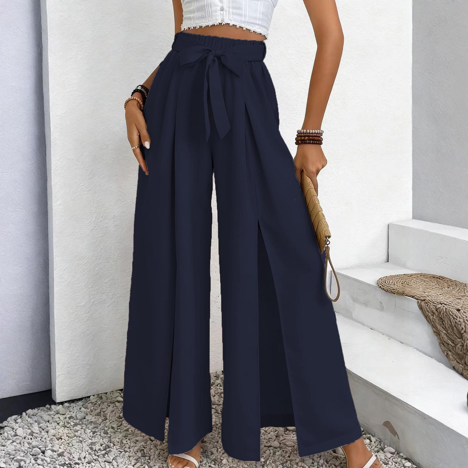 

High Waist Wide Leg Split Front Palazzo Pants with Tie Belt for Women Loose Fit Lightweight Trousers for Summer Casual Wear L тёмно-синий