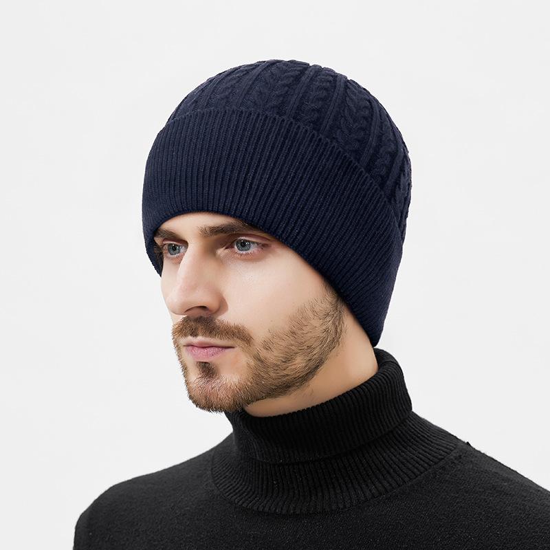 

Wool Hat Men s Autumn Winter Outdoor Riding Hat Neck Set Velvet Thick Warm Knitted Hat Hat Темно-синій