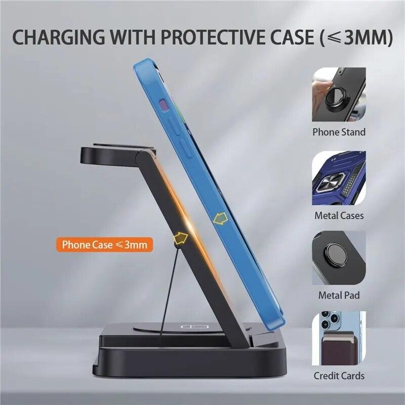 4-in-1-Wireless-Ladestation für iPhone 15, 14, 13, 12, Apple Watch, Samsung S22 Ultra Note, Galaxy Watch, faltbare Schnellladestation