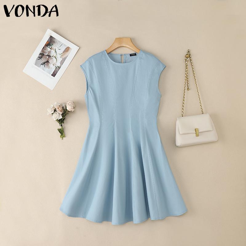 

VONDA Elegant Women Casual Round Neck Sleeveless Solid Color Ruffled A-line Dress M