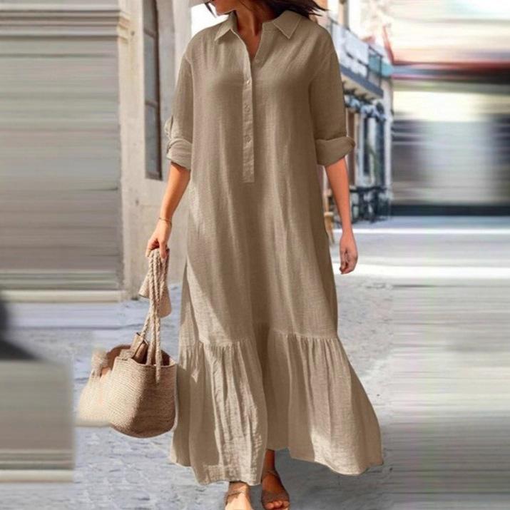 New Cotton and Linen Long Irregular Dress Shirt Collar Button Casual Dress
