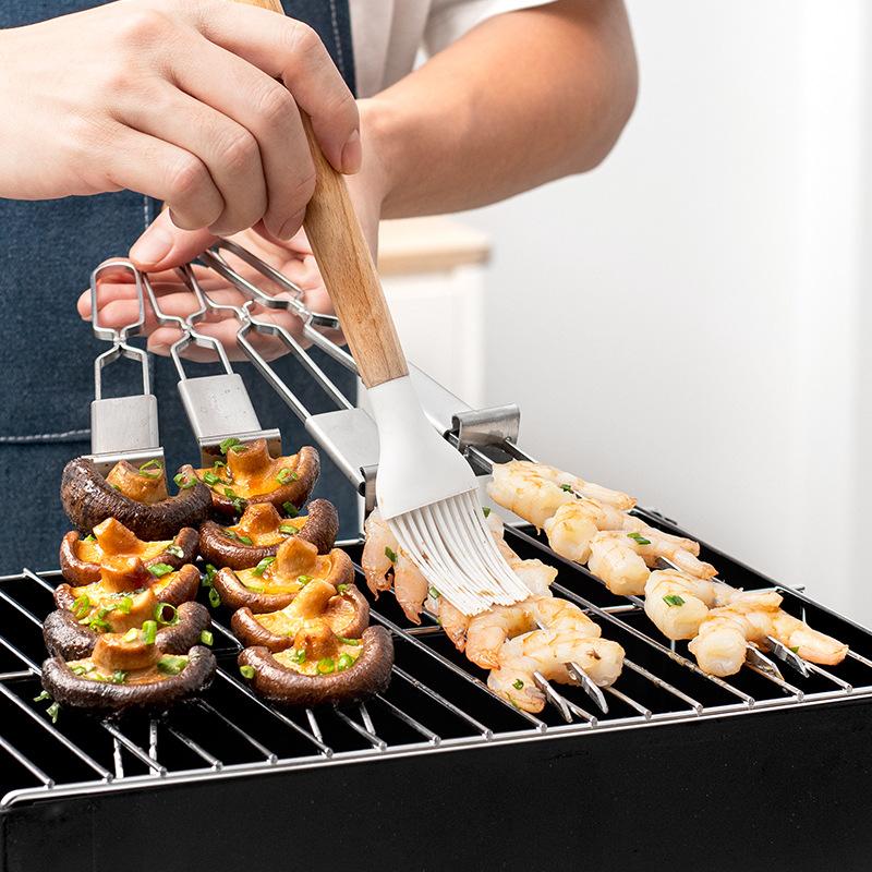 Stainless Steel BBQ Fork Outdoor Portable BBQ Skewer Semi-automatic Double Head BBQ Kebabs
