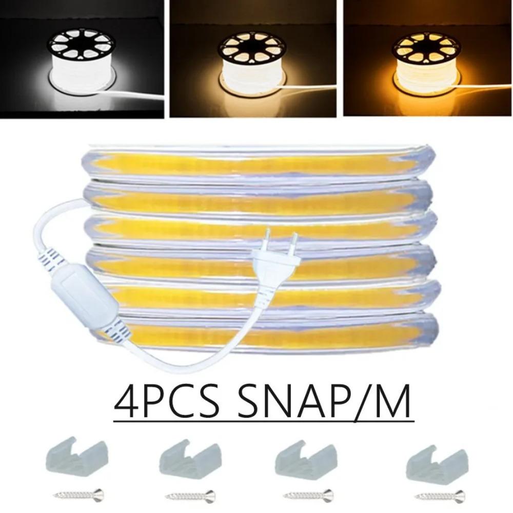 220V COB LED Strip Light EU Power Plug IP67 Buckle Fixation LED Strip Lamp Flexible COB Linear Light Bar 3000K 4000K 6000K 1-21m