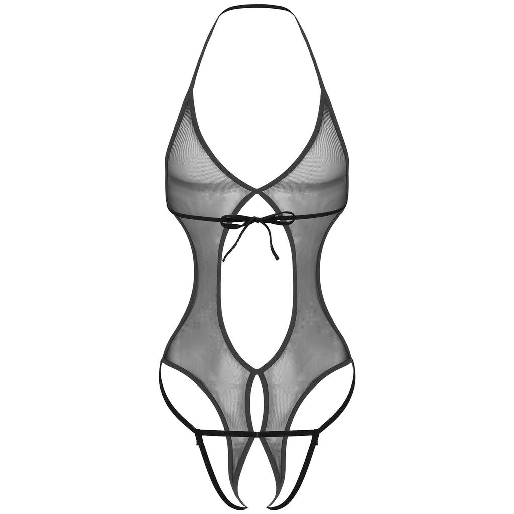 Costume da bagno intero da uomo e da donna in rete trasparente. Costume da bagno intero con scollo all'americana