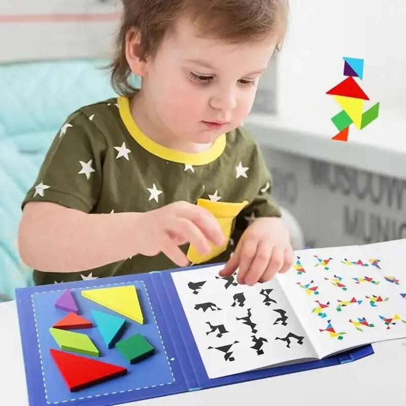 Magnetic 3D Puzzle Book Geometric Shapes Tangram Jigsaw Board Kids Montessori Games Baby Educational Wooden Toys Gifts For Kids