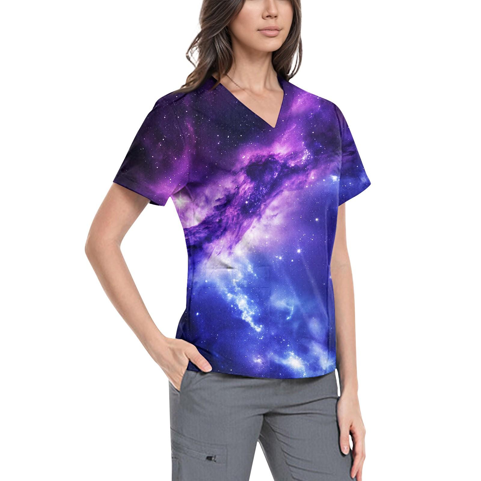 

Женская симпатичная принтованная рабочая одежда с V-образным вырезом, двухслойными карманами, базовым коротким рукавом, пуловером XXXL