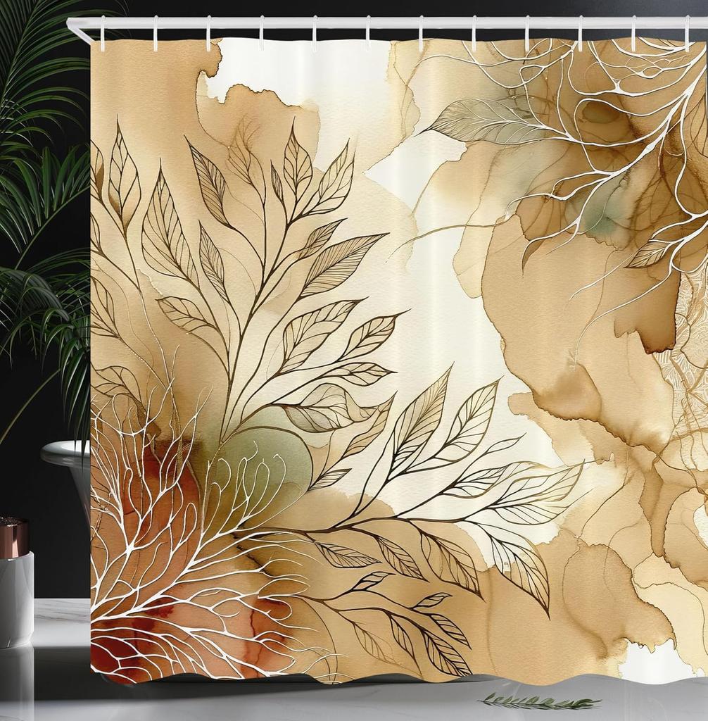 Aesthetic Boho Shower Curtain, Bold Exotic Leaves In Warm Tones, Rustic Burnt Orange Teal Blue, Fabric Set With Hooks