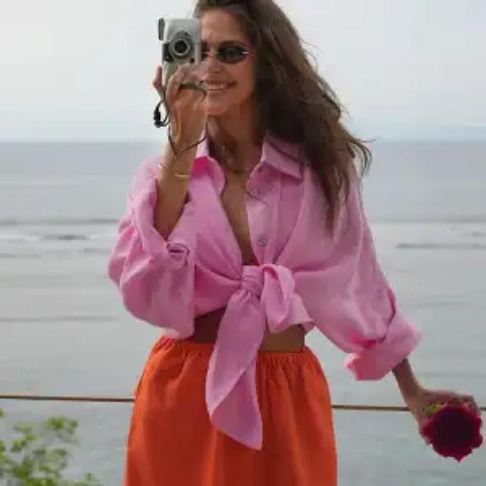 New Summer Cotton Linen Long Sleeve Flounce Blouse For Women