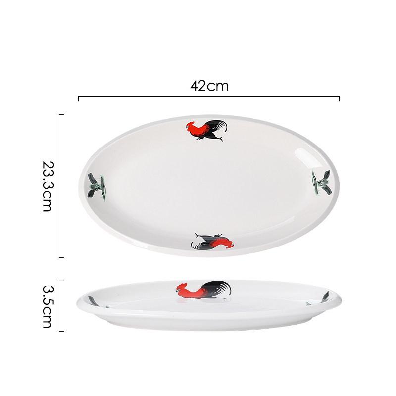 Ceramic Retro Rooster Oval Fish Serving Plate for Microwave & Hotel Use