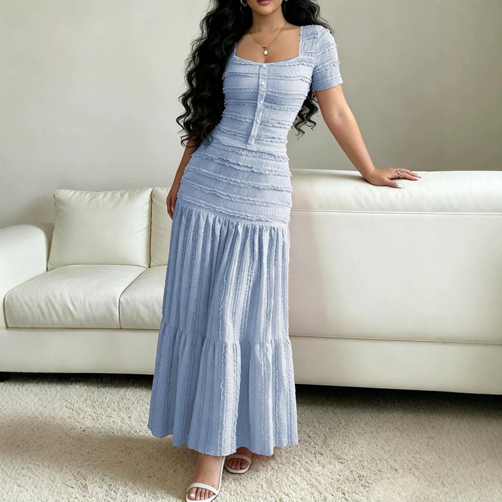Damen Quadratischer Ausschnitt Kurze Ärmel Maxikleid Lässig Raffung Knopfleiste Vorne Stufenkleid Einfarbig Partykleid