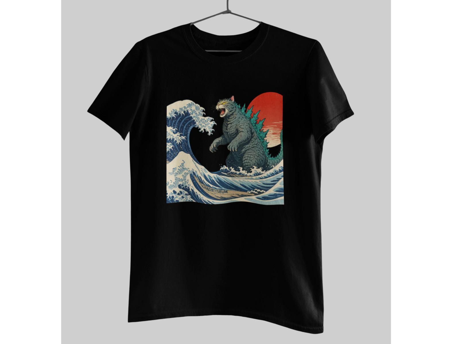Catzilla T-Shirt Japanese Wave Cat Kaiju Graphic Tee 100% Cotton Vintage Ukiyo L