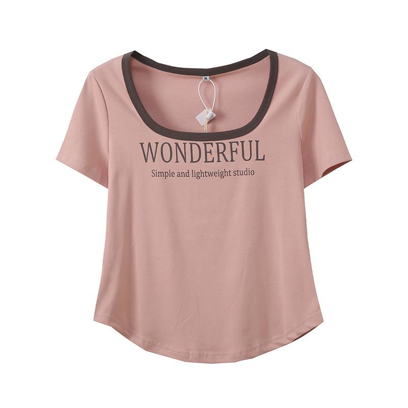 Large Size Women's Clothing American Spice Girl Contrasting Color Waist Short-sleeved T-shirt Summer New Front Shoulder Top 262617