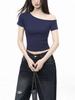 Navy blue slanted shoulder cotton short-sleeved t-shirt women's summer design sense slim-fitting off-the-shoulder short bottoming shirt top