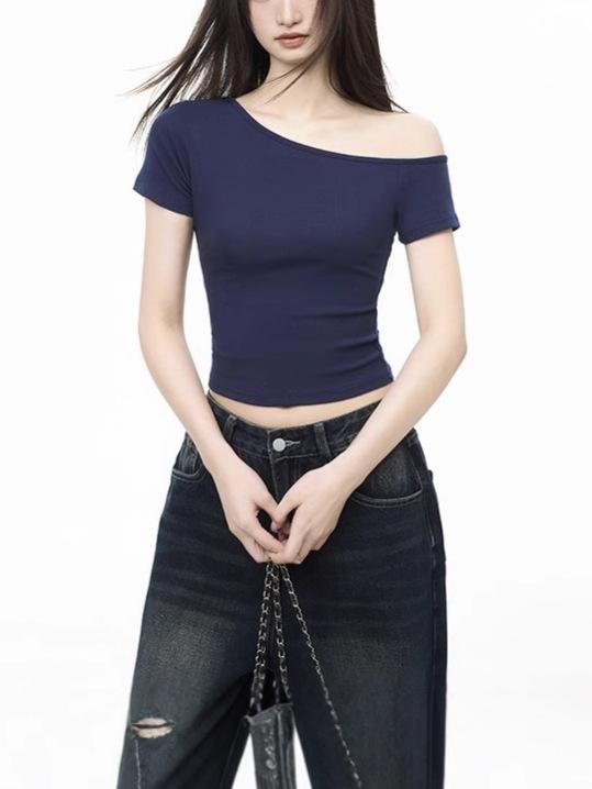 

Navy blue slanted shoulder cotton short-sleeved t-shirt women s summer design sense slim-fitting off-the-shoulder short bottoming shirt top S