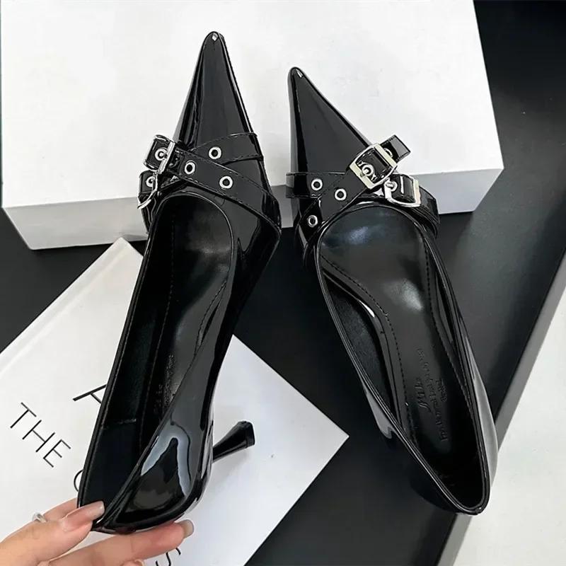 Fashion Elegant Patent Leather Metal Belt Buckle Designer Women Pumps Sexy Pointed Toe Thin High Heels High Quality Mary Jane Mules Shoe