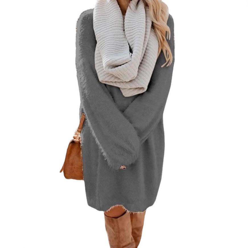 2025 Women's Autumn/Winter Mid-length Long Sleeve Round Neck Loose Plush Dress