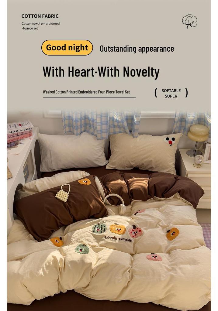 Cartoon Embroidered Cotton Terry Bedding Set - Skin-Friendly, Washable, 4-Piece Set with Bed Sheet and Duvet Cover (Student Size)