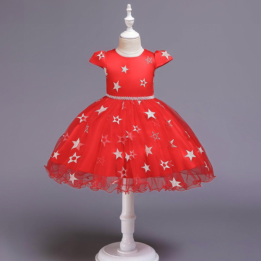 Великолепное вечернее платье High-Low для девочек Детское сетчатое платье Звезды Вышитые цветы Платье принцессы Звезды Платье для девочек Туту 80cm красный