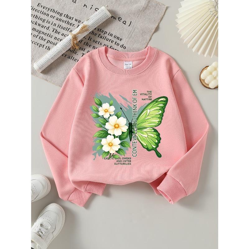 European sizes Girls Soft Crewneck Sweatshirt Green Butterfly & White Flowers Nature Print, Cute Design, Casual All-Match, Ideal Holiday Present