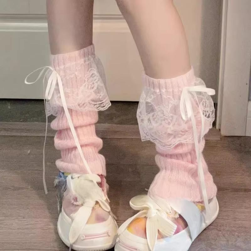 Scaldamuscoli a Rete con Fiocco in Pizzo Stile Lolita Giapponese Y2K Scalda Polpacci da Donna Coprigambe a Nastro Lavorati a Maglia Calze Lente Stile Principessa JK con Fiocco