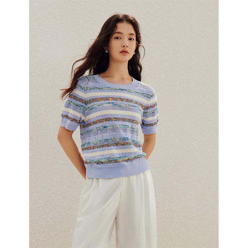 INMAN Striped Mesh Hollow Out Short Sleeve Knit Top