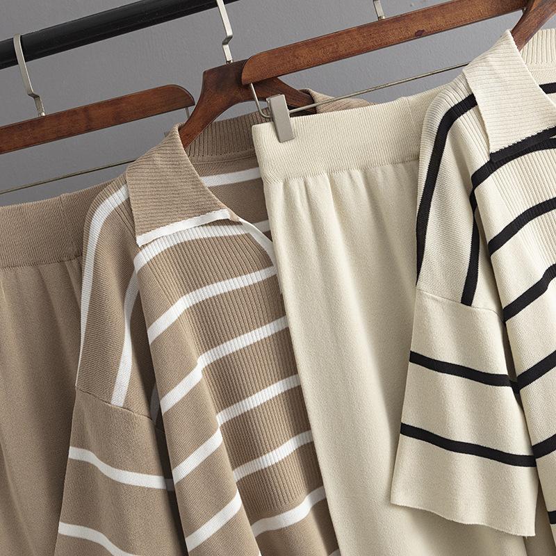 GMXIA Contrasting Color Striped Fashion Set Summer Casual Loose Knitted Wide-leg Pants Two-piece Set