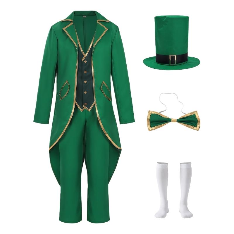 St. Patrick Costume Leprechaun Hat Tuxedo Jacket Tie Pants Stockings St Patrick's Day Outfits Cosplay Halloween Costume
