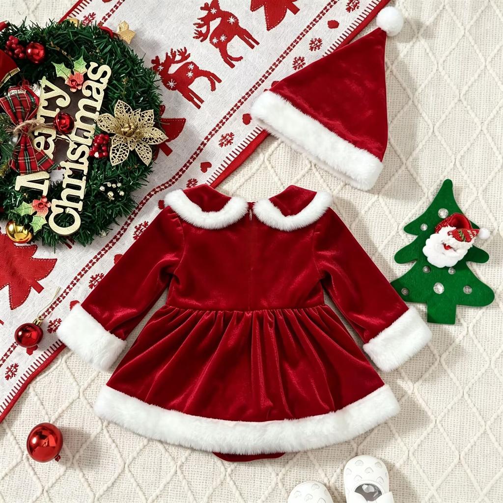 Baby Girls Velvet Christmas Bodysuit Dress for Infant Toddler Holiday Party Outfit
