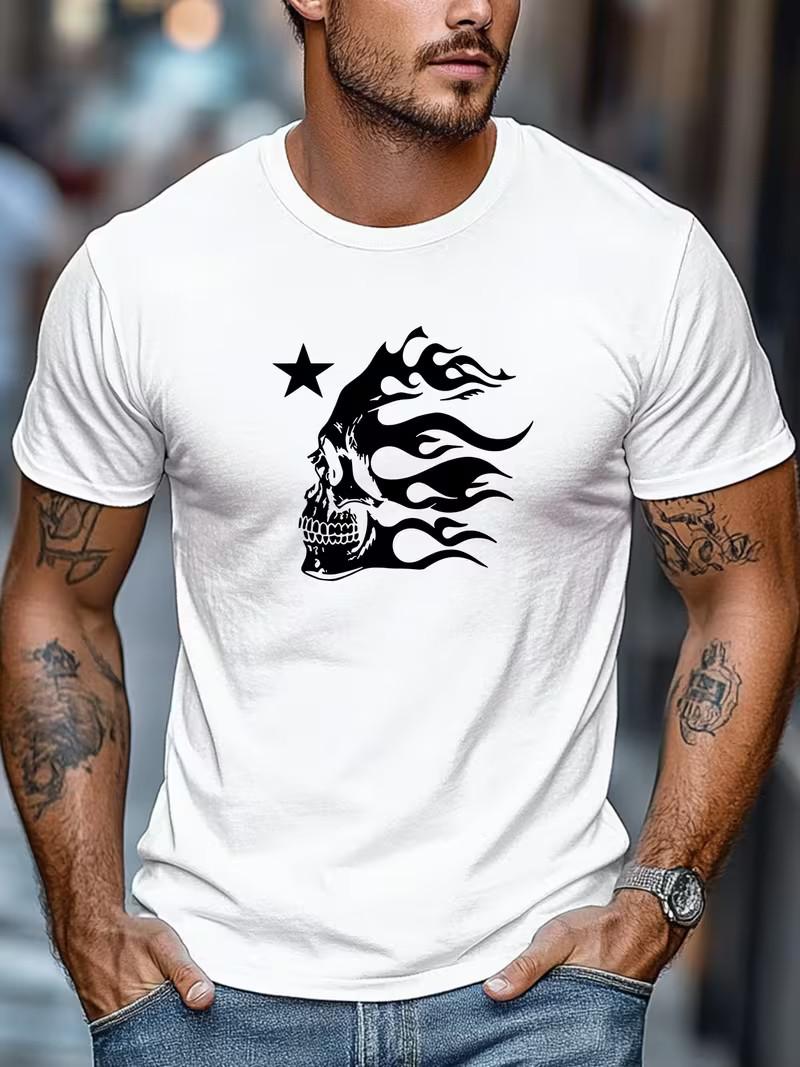 Men s Flame Skull Star Graphic T-Shirt Casual Crew Neck Short Sleeve Summer Tee S разноцветный
