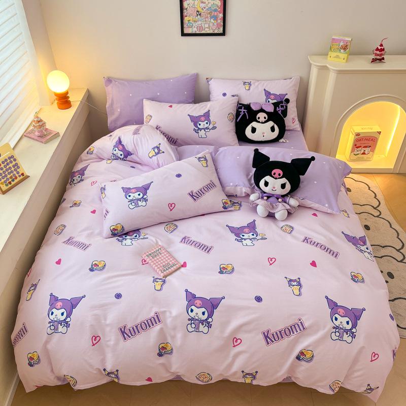 Hello Kitty All-Cotton Cute Cartoon Girl Fitted Sheet & Duvet Set - 4-Pc Dorm Style