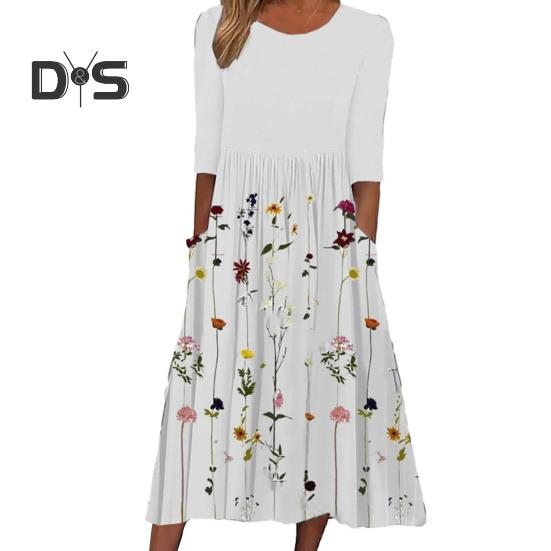 

Женское летнее струящееся платье миди в стиле бохо с цветочным принтом и карманами, повседневное платье-халат с коротким рукавом и круглым вырезом S белый