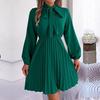 Elegant Autumn Winter Women Lace Up High Waist Long Sleeve Pleated Solid Color Dress