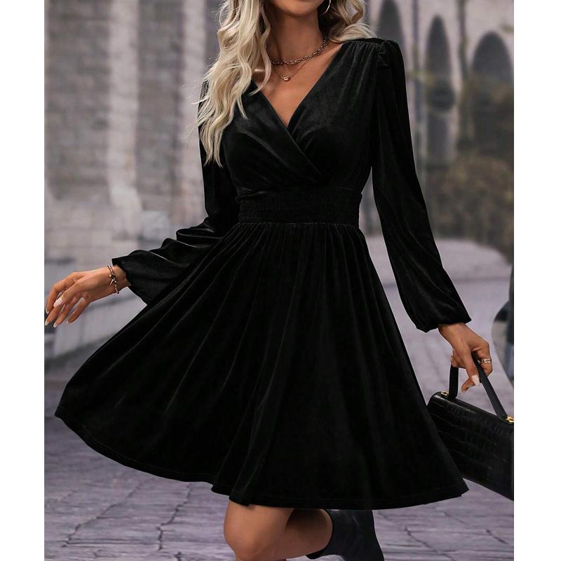 Women Dresses 2025 Autumn Winter Velvet Dress Long Sleeve V-Neck Black Women Dress J881