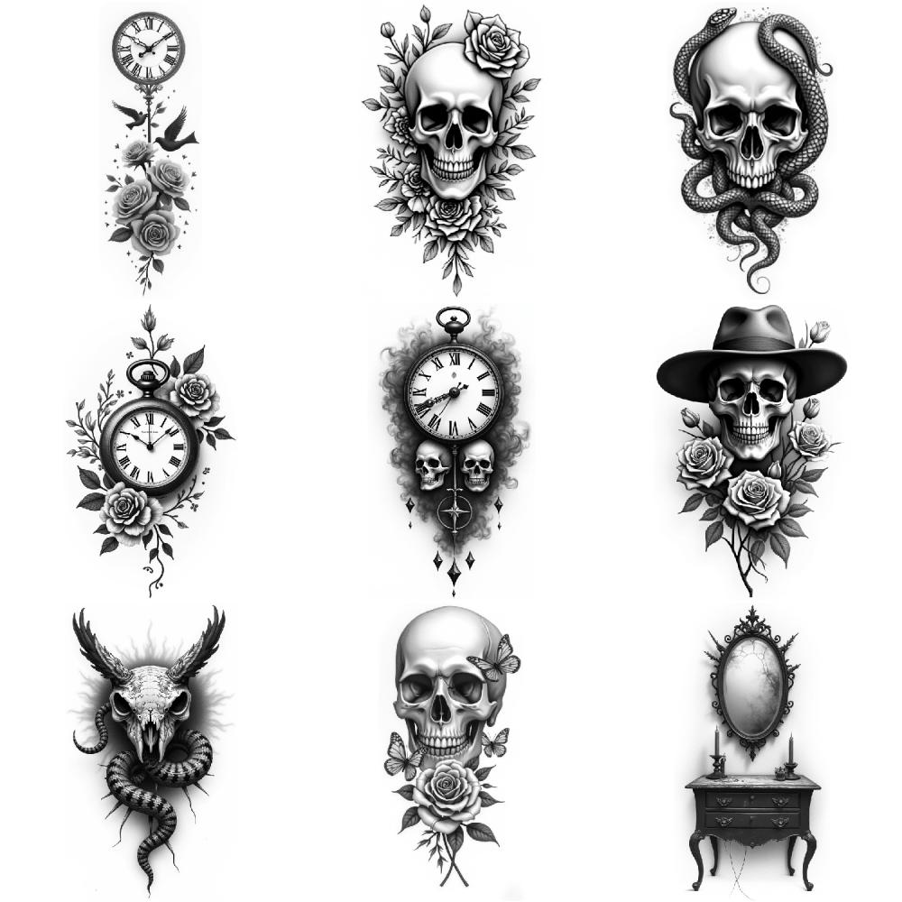 3pcs Temporary Tattoo Realistic Temporary Tattoos Skull And Flowers Skull With Snake Antique Mirror For Women Thighs Arms