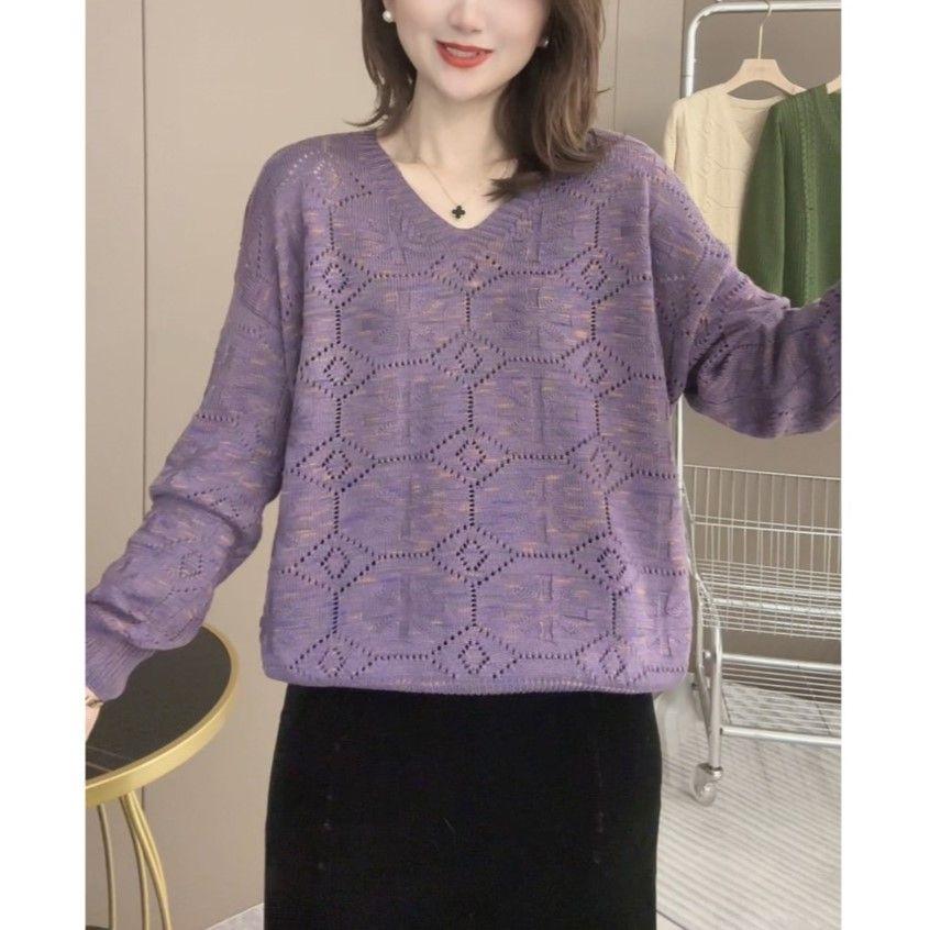 Women's Hollow V-neck Long Sleeve Knitted TopSpring Women's Fashionable and Versatile Style Small Shirt