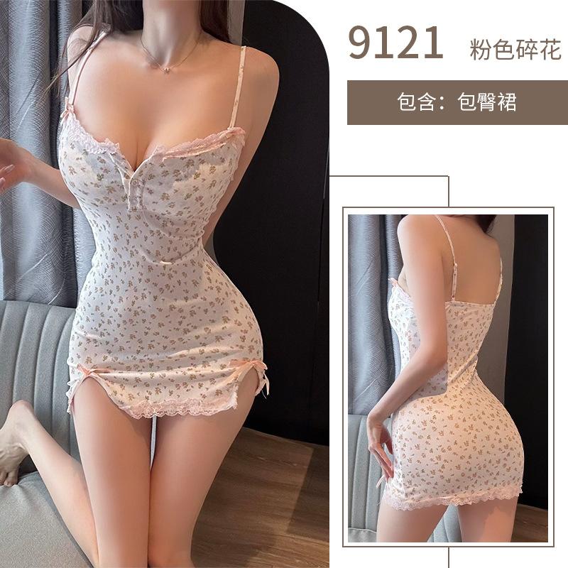 Sexy lingerie pure desire pink floral sexy sweet girl suspender deep V showing breasts
