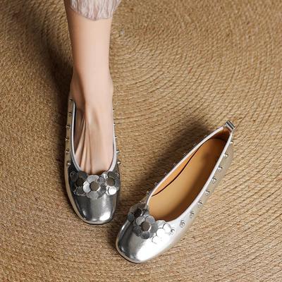 French Retro Rivet Shallow Mouth Single Shoes for Women's Spring and Summer New Style Detachable Flower Round-toe Mary Jane Shoes Flat Ballet Shoes