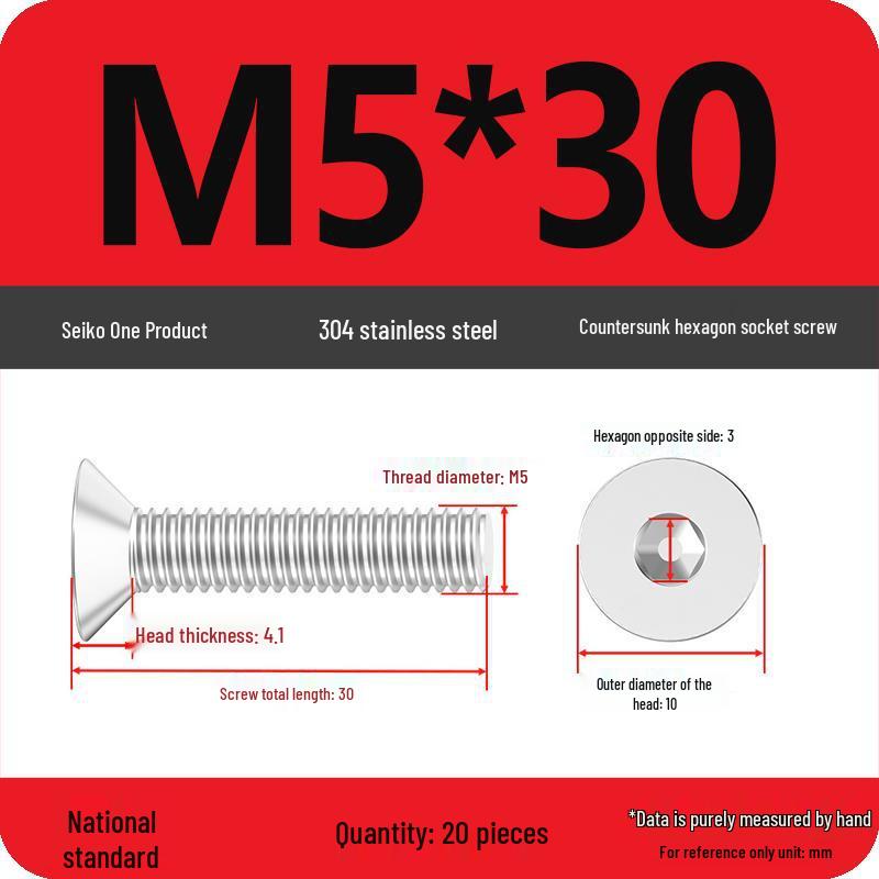M2-M10 Stainless Steel Flat Head Machine Screws and Bolts Set, Countersunk Hex Socket Cap, 304 Grade.