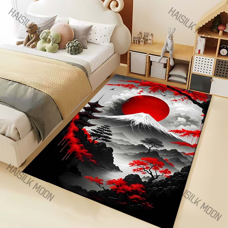 1PC Red Sun Mount Fuji Maples Pagoda Print Carpet for Living Room Bedroom Sofa Home Decor Rus Non-slip Floor Mat Luxury Gift