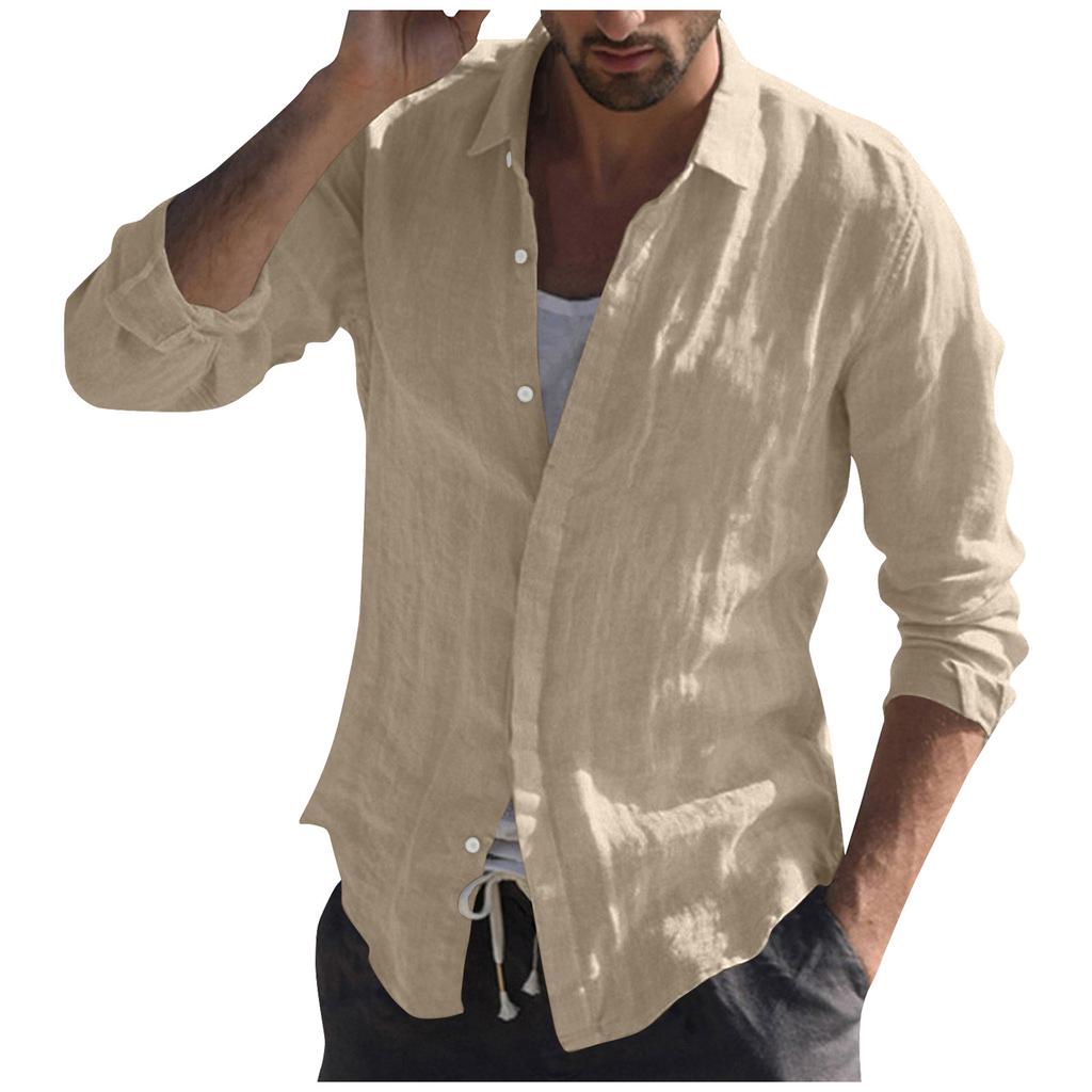 Men's Stand Collar Shirt Beach Casual Solid Color Long Sleeve Breathable Top T-shirt Blouse