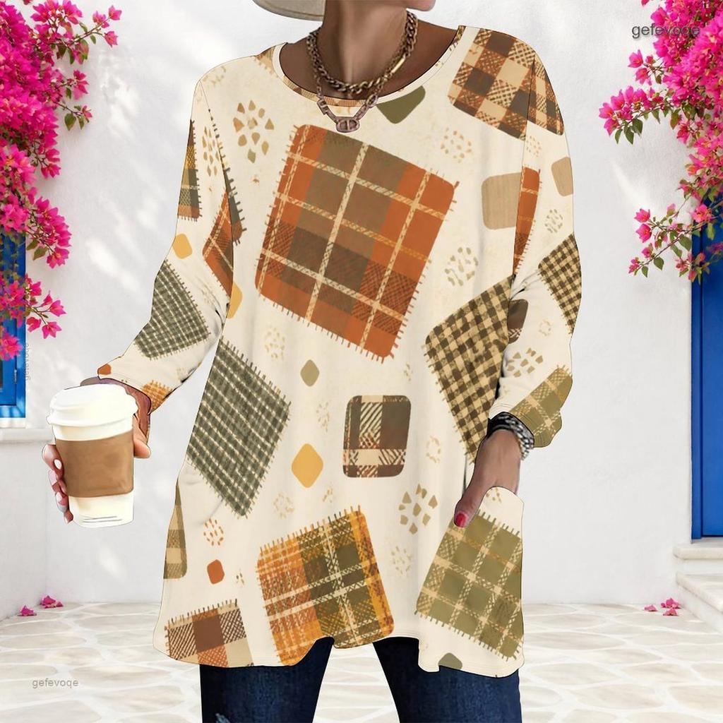 Women Plus Size Round Neck Long Sleeve Geometric Printed Loose Longline T Shirt With Pockets