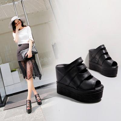 Summer New Hollow Sandals 12cm Super High Heel Slippers Slope Heel Thick Sole Heightening Cool Slippers High Heels Women