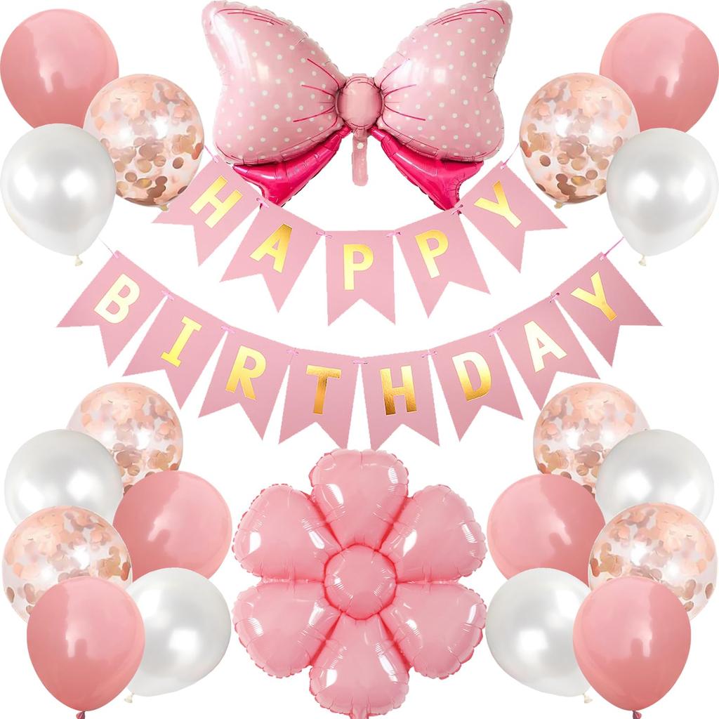 Lausatek Happy Birthday Balloon Set with and Flower Perfect for Birthday and Cute Pink Garland, Bow, Decorations, Surprises, Anniversaries,