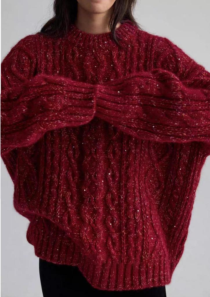 Women's Red Cable Knit Wool Sweater - Heavy Workmanship, 100% Pure Wool, Autumn/Winter, Marled Yarn, Loose Fit, Thickened for Warmth