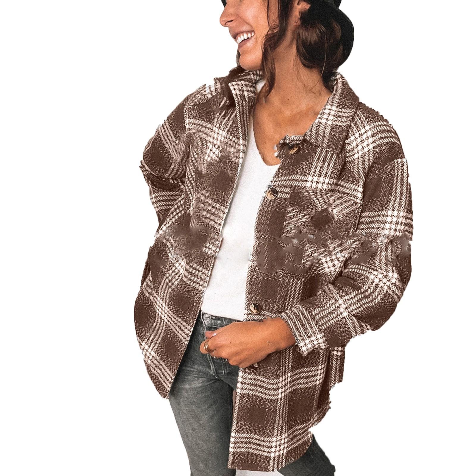 

Женская модная верхняя одежда с клетчатым принтом и длинными рукавами, куртка с лацканами, плащ L коричневый