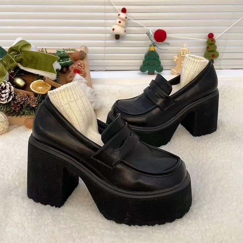 New Versatile Thick-soled Round-toe Leather Shoes for Women, High Heels
