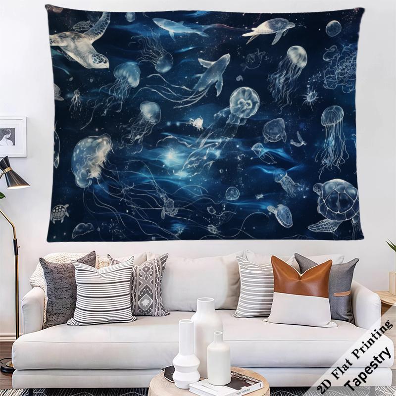 Large Deep Sea Jellyfish Galaxy Tapestry Wall Hanging Ocean Cosmic Nautical Blue Aesthetic Room Decor Art 180x280cm