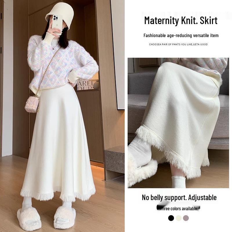 Maternity High-Waist Knit Skirt with Tassels - Slimming A-Line Umbrella Design for Autumn/Winter. 2XL