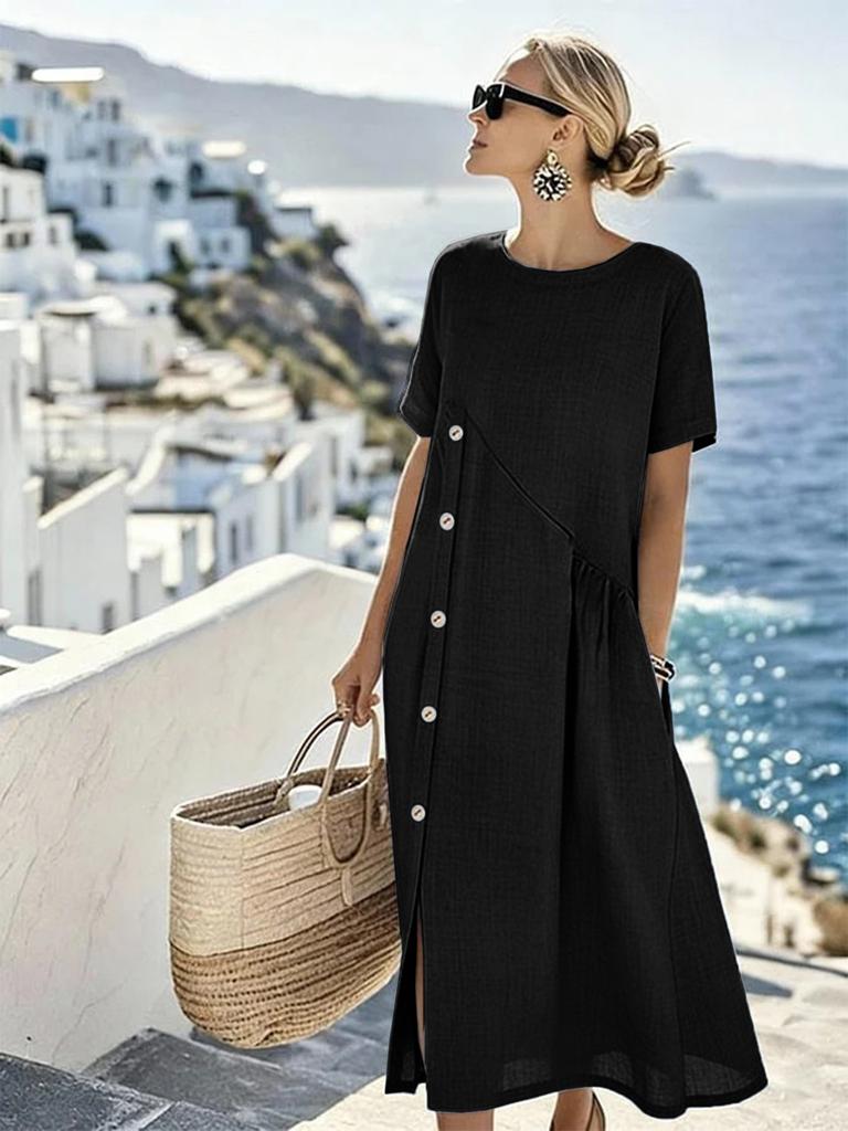 Neues Kleid lässig Knopfdekoration Rafftasche mittellanges Kleid