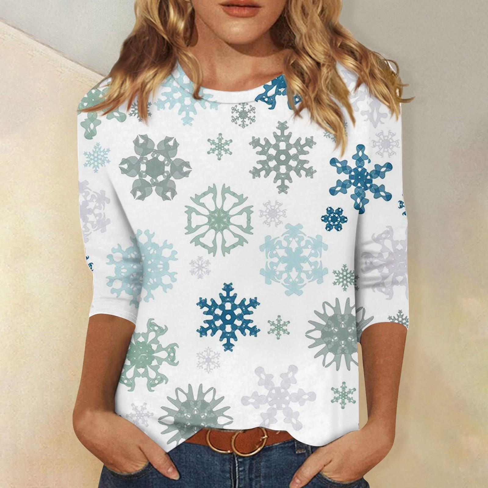 

Женская модная повседневная футболка с круглым вырезом и рождественским принтом, семь рукавов L